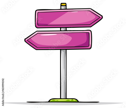Cartoon style blank pink directional signpost with two arrows pointing left and right offering choices for paths