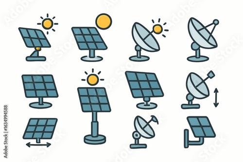 Flat Icons of Time Based Sun Tracking Devices for Home Solar Panels
