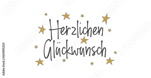 Herzlichen Glückwunsch - deutscher Text von Hand geschrieben mit goldenen Sternen, isoliert auf weißem Hintergrund, Vektor Illustration