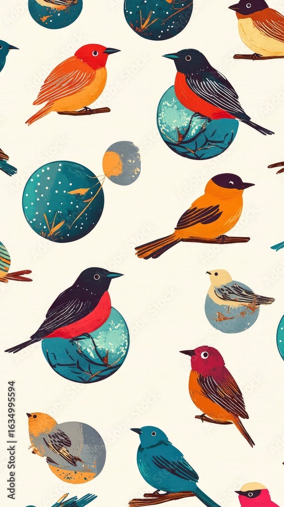 Fototapeta premium Pattern of birds perched on tiny globe icons