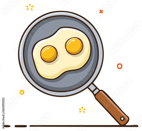 Cooked eggs served sunny side up in frying pan with decorative elements