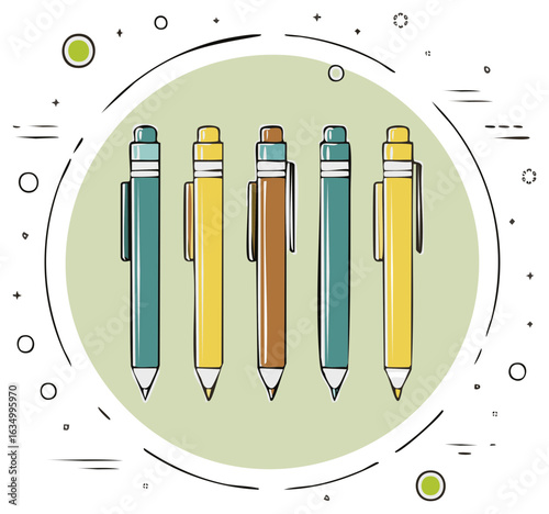 Five colorful pens lined up in a hand drawn circle on a light green background with doodle elements