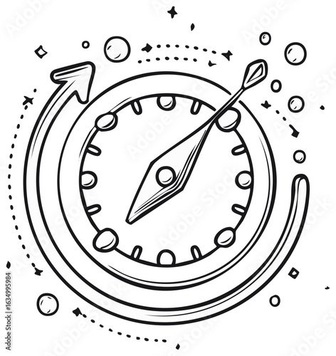 Arrow symbol around speedometer with a pointing needle, flat vector illustration.