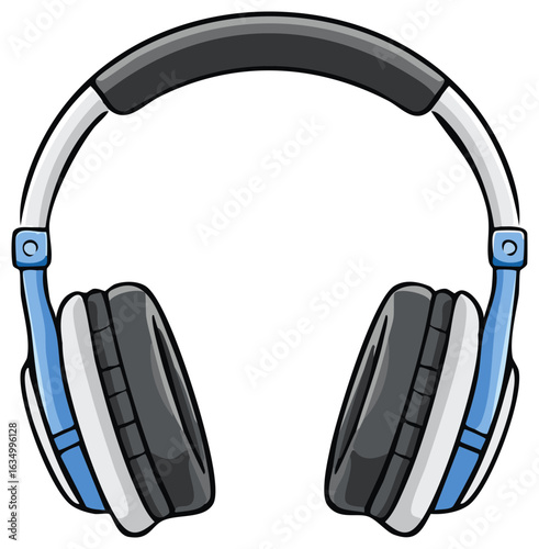 Stylish blue and white headphones with black earmuffs for listening to music podcasts and audiobooks in comfort