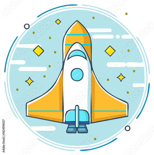 Stylized rocket ship illustration with stars in cosmic setting for exploration themed graphic design element.