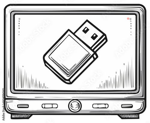 Stylized illustration of a computer monitor displaying a USB flash drive.