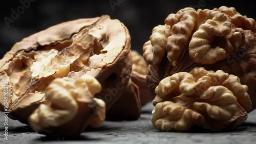 Cracked walnuts on dark background, close-up shot, food photography