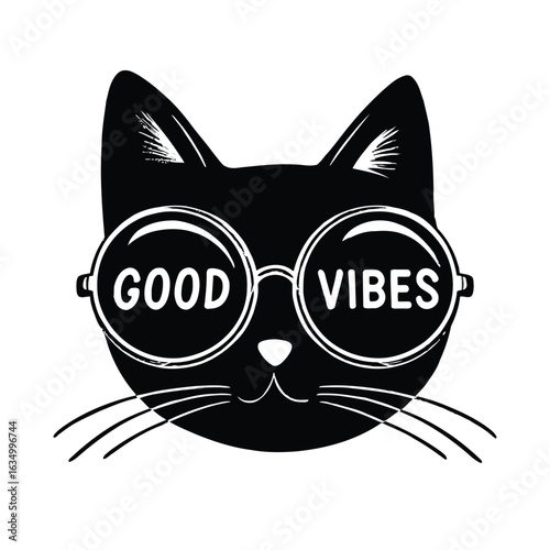 Vector illustration of a cool black cat wearing round glasses with good vibes text on the lenses creating a retro vibe