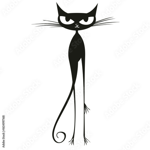 Vector illustration of a sleek black cat with a minimalist design standing elegantly with a curled tail and piercing eyes