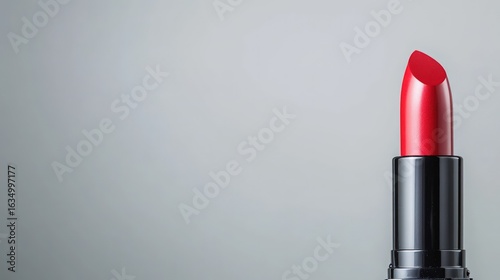 Red lipstick beauty product on gray background with copy space