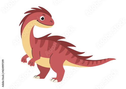Childrens cartoon dinosaur tyrannosaurus. Funny red predatory striped dinosaur. Cute little prehistoric animal. Vector illustration on white background.