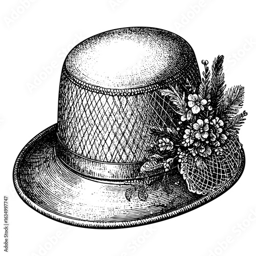 Winter Hat with Flowers and Tulle – Vintage Etching Style