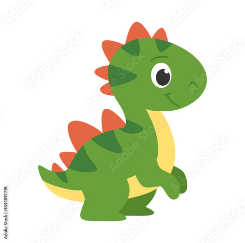 Cute predatory dinosaur tyrannosaurus. Green childrens dinosaur with stripes and red spikes. Cute little prehistoric animal. Vector illustration.