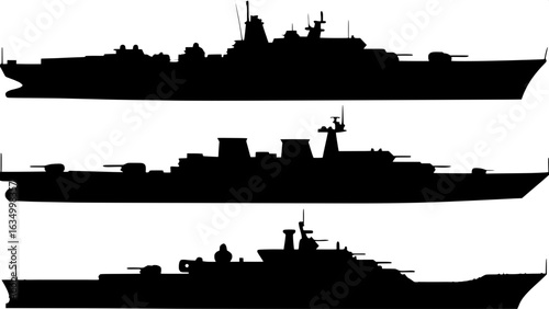 "Side-profile silhouettes of warships from different navies, rendered in black on white, minimal detail, emphasizing shape and proportion, arranged in a symmetrical composition with technical precisio