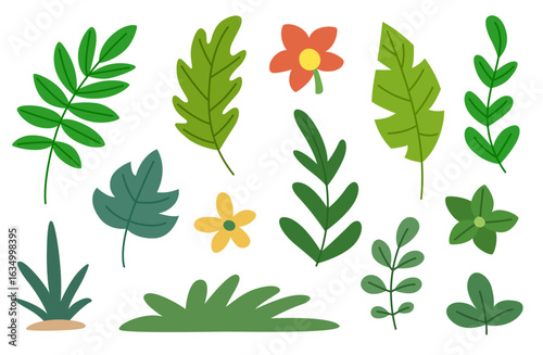 Childrens cartoon prehistoric leaves and flowers set. Tropical exotic plants of the Jurassic, Cretaceous periods. Vector illustration.