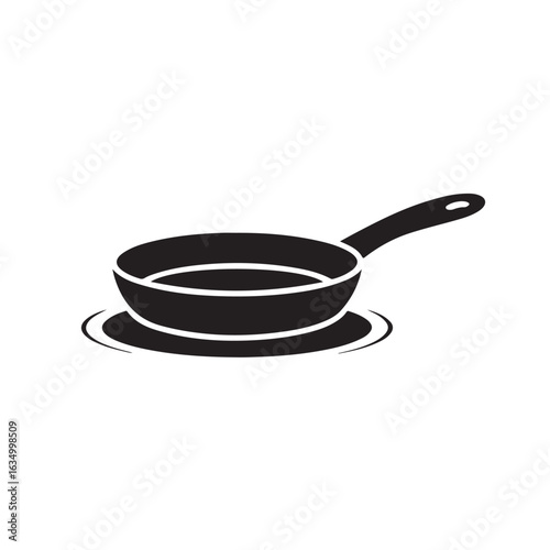 Black frying pan icon with handle and circular base vector