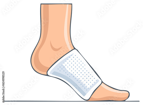 Medical patch applied to an injured human foot for sprain and pain relief treatment