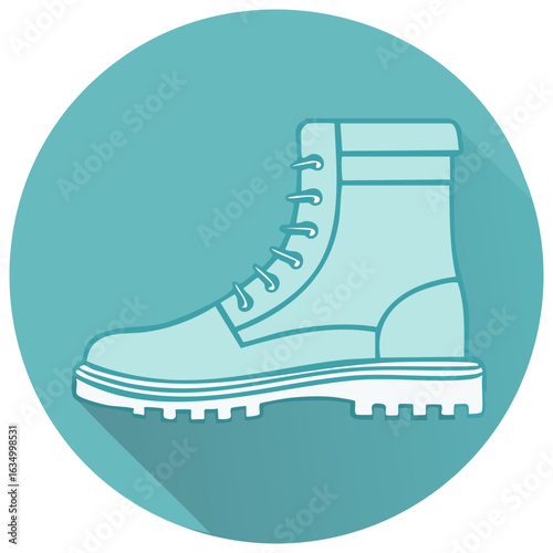 Hiking boot or work shoe flat design icon with a long shadow in a circle