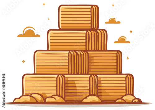 Stacked Hay Bales with Clouds Cartoon Illustration Rural Agricultural Theme