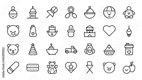 Collection of playful icons featuring toys and everyday objects bear heart