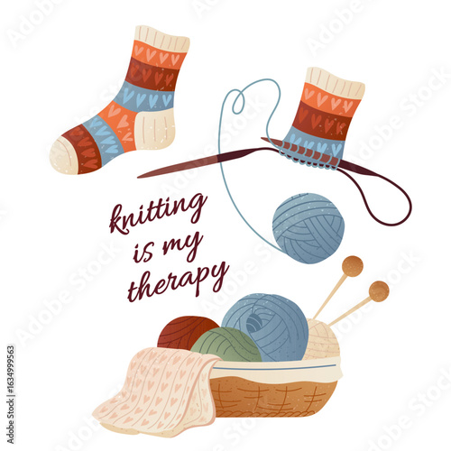 Cozy knitting basket with soft yarn balls, hand-knit wool socks. Hobby that brings comfort, handmade gifts to fill home warmth and love. Vector illustration for handmade projects, cards, craft designs