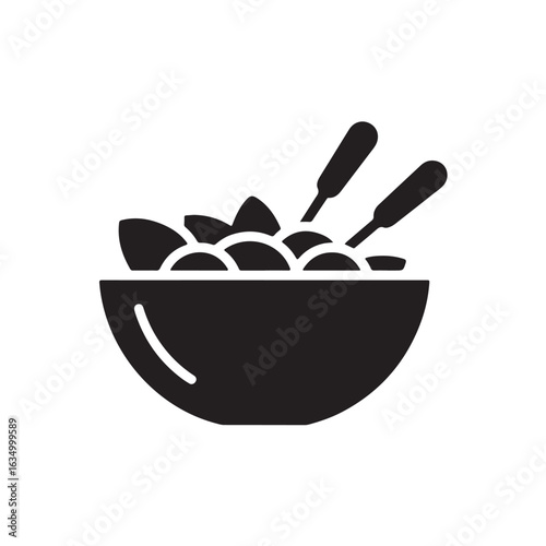 Black silhouette of a salad bowl with tongs and ingredients food