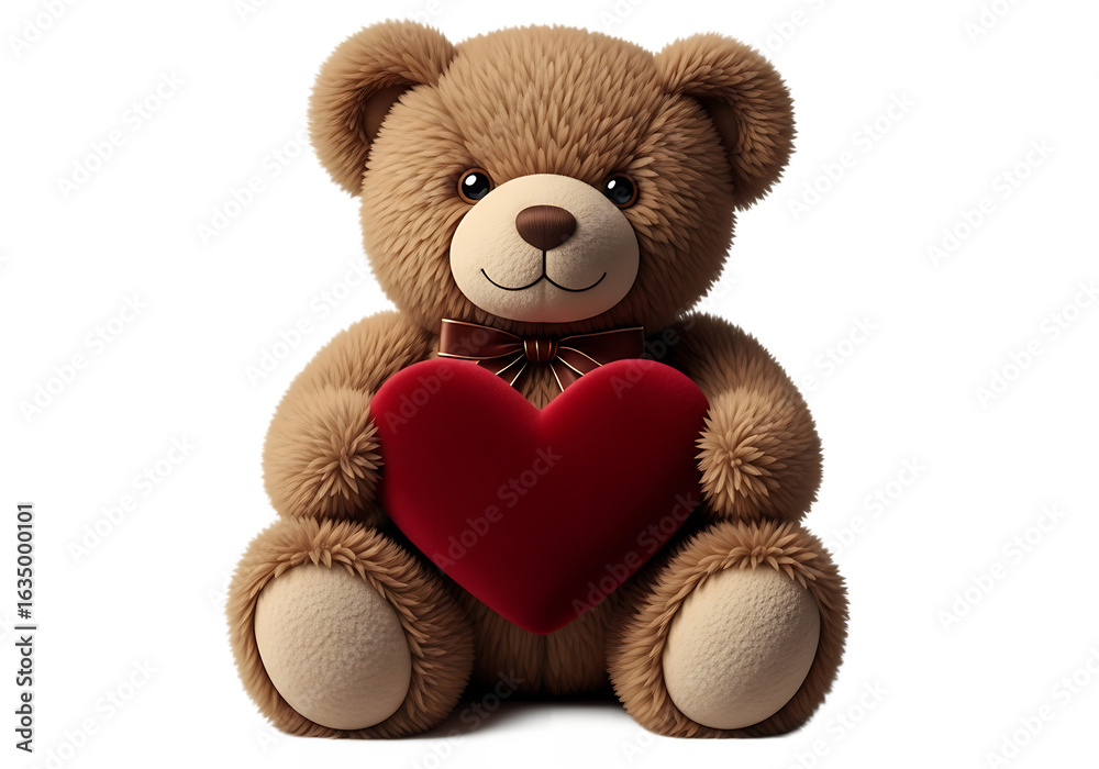 Fototapeta premium A teddy bear holding a red heart with a brown bow tie on a black background
