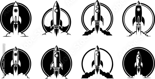 Monochrome Rocket Launch Icons: Vintage Style Startup Graphics