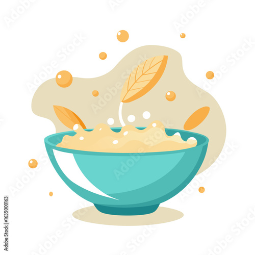 Porridge Bowl with Milk Splash and Floating Oat Flakes Modern Vector Art

