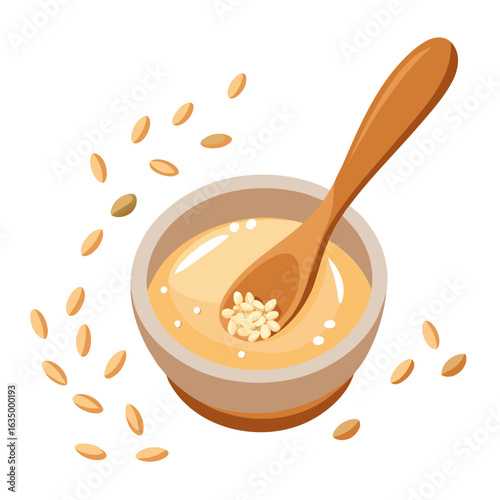 Top View Rustic Spoon Scooping Creamy Porridge with Oat Grains Vector

