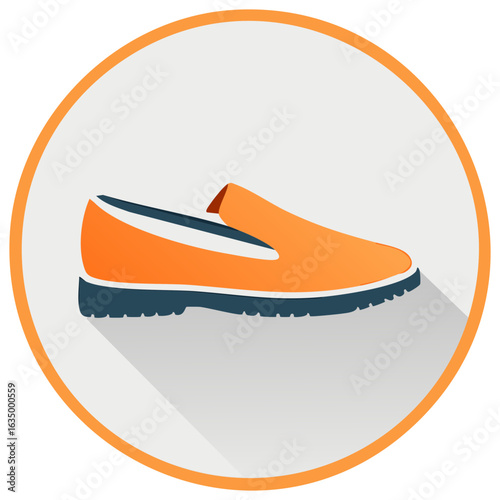 Orange loafer shoe with dark sole and blue trim inside a circular frame