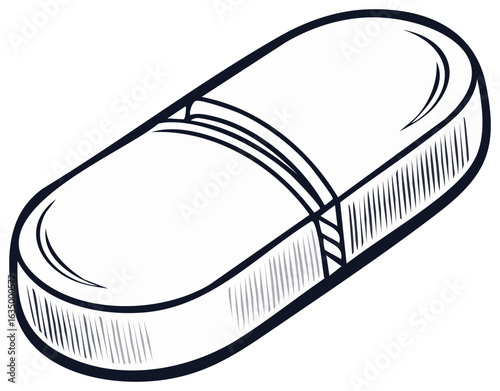 Isolated single caplet pill drawing in a black and white line art style for healthcare and medicine concepts