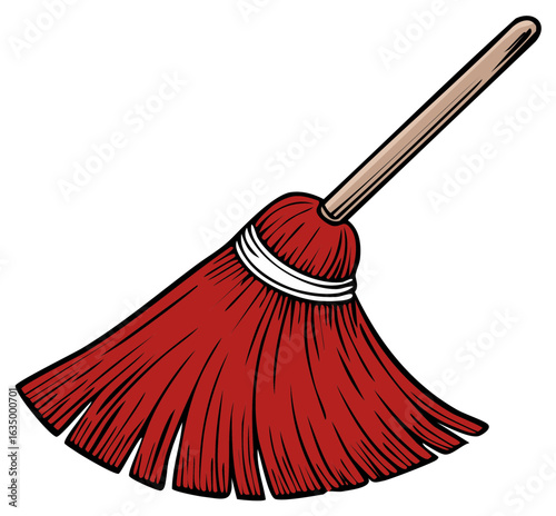 Vintage Red Broom Illustration, Wooden Handle, Cleaning Equipment, Sweeping Tool, Household Chore, Cartoon Style