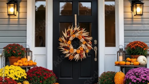 Charming autumn porch with pumpkins and floral decor in warm evening light