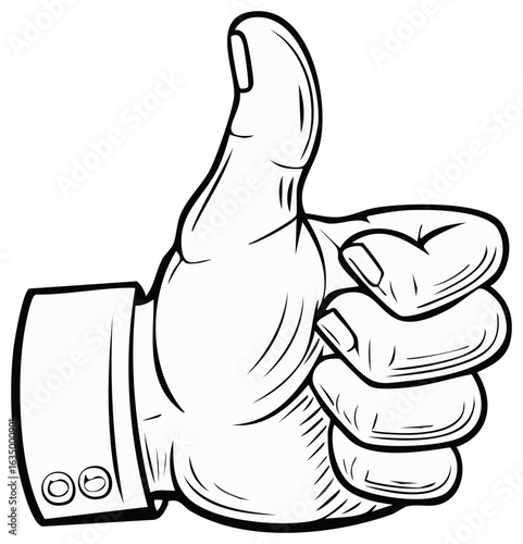 Black and white cartoon hand showing thumbs up gesture for approval, success, agreement, and good.