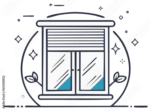 Line art icon of a clean sparkling window with roller blinds and eco friendly leaves