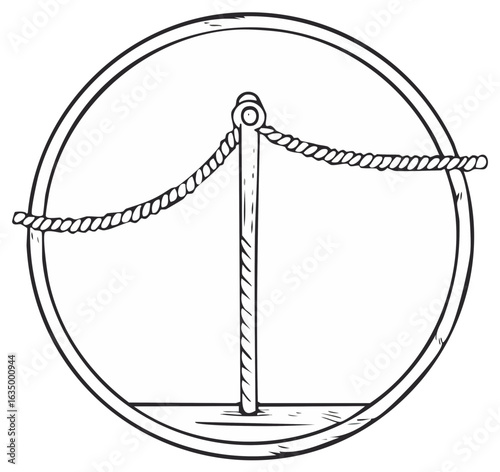 Circular framed hand drawn illustration of a stanchion and velvet ropes for crowd control