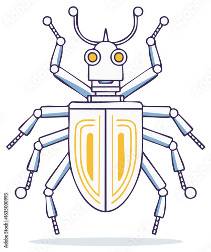 Cartoon Robot Insect Character with Mechanical Limbs and Yellow Accents
