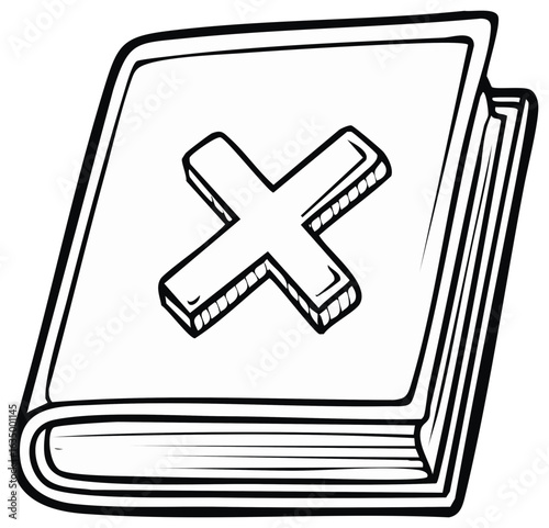 Illustrated book with cross symbol on the cover, education and symbolisms, knowledge and faith concept, drawing