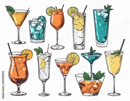 Hand-drawn collection of cocktails and drinks in various glass styles. Vintage ink sketch vector illustrations of classic alcoholic beverages.	