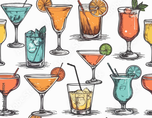 Hand-drawn collection of cocktails and drinks in various glass styles. Vintage ink sketch vector illustrations of classic alcoholic beverages.	