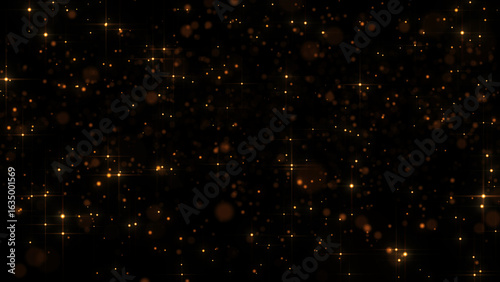 Animation of abstract orange flickering particles in motion on a black background. Golden shining particles focus