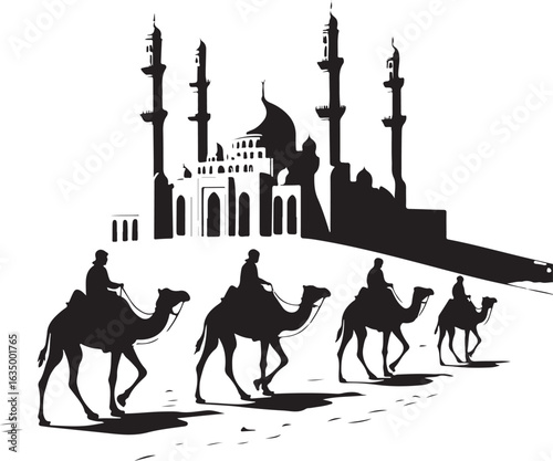 Black silhouette of a camel caravan traveling towards a mosque with minarets desert journey 1