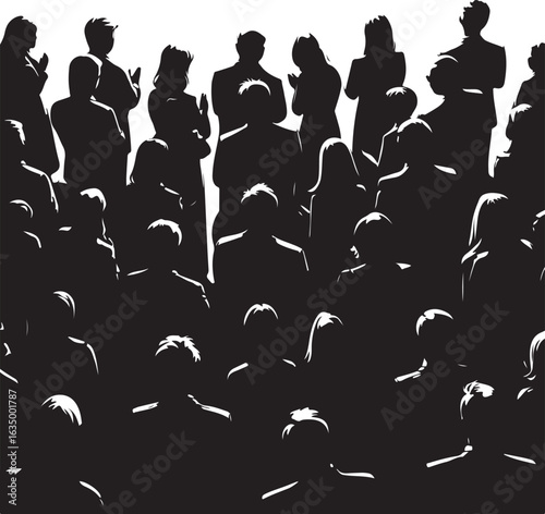 Crowd of people in silhouette clapping against a white background audience