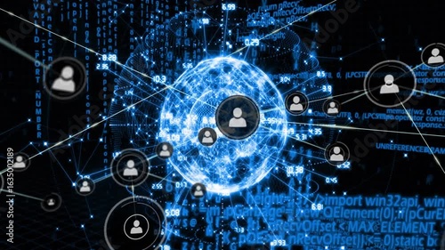 Streaming code launching wireframe globe forming in tech space, spawning nodes linking global data