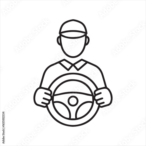 Line Drawing of a Person Driving a Car with Hands on Steering Wheel, Wearing Cap and Collared Shirt