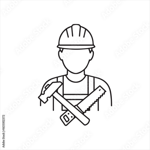 Construction Worker Icon Featuring a Person Wearing a Hard Hat and Crossed Hammer and Saw Symbolizing Building and Carpentry