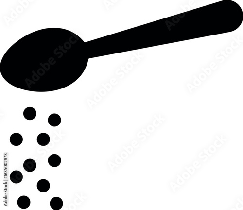 Black silhouette of spoon sprinkling sugar or salt, granular particles falling, isolated on white background, minimal food concept, kitchen utensil
