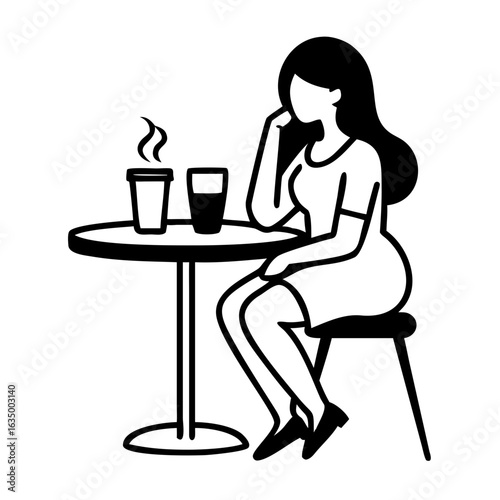 Young woman sitting alone at a cafe table with drinks  