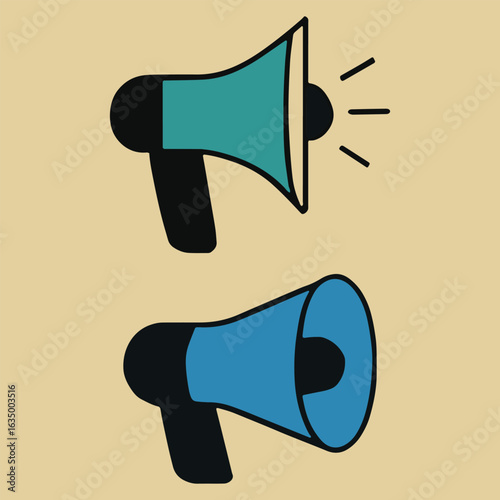 Two Megaphones in Different Styles, One with Sound Waves, on a Neutral Background